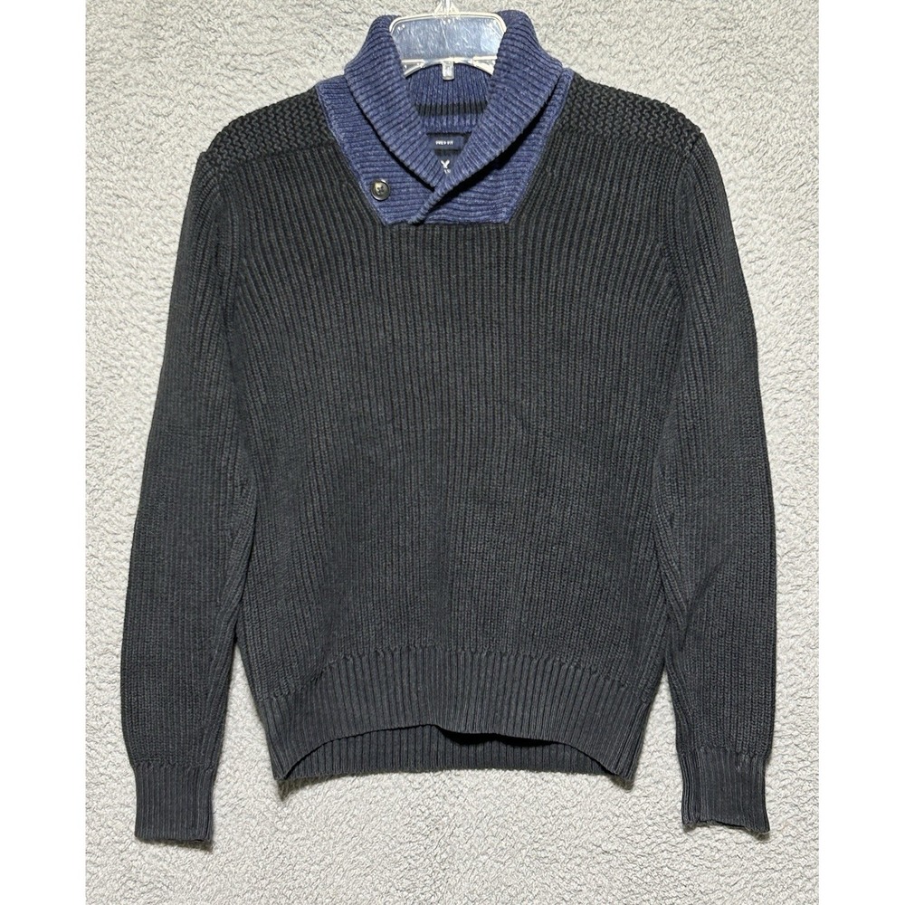 American Eagle Sweater Mens XS Black Blue Athletic Fit Wool Blend Cowl Neck